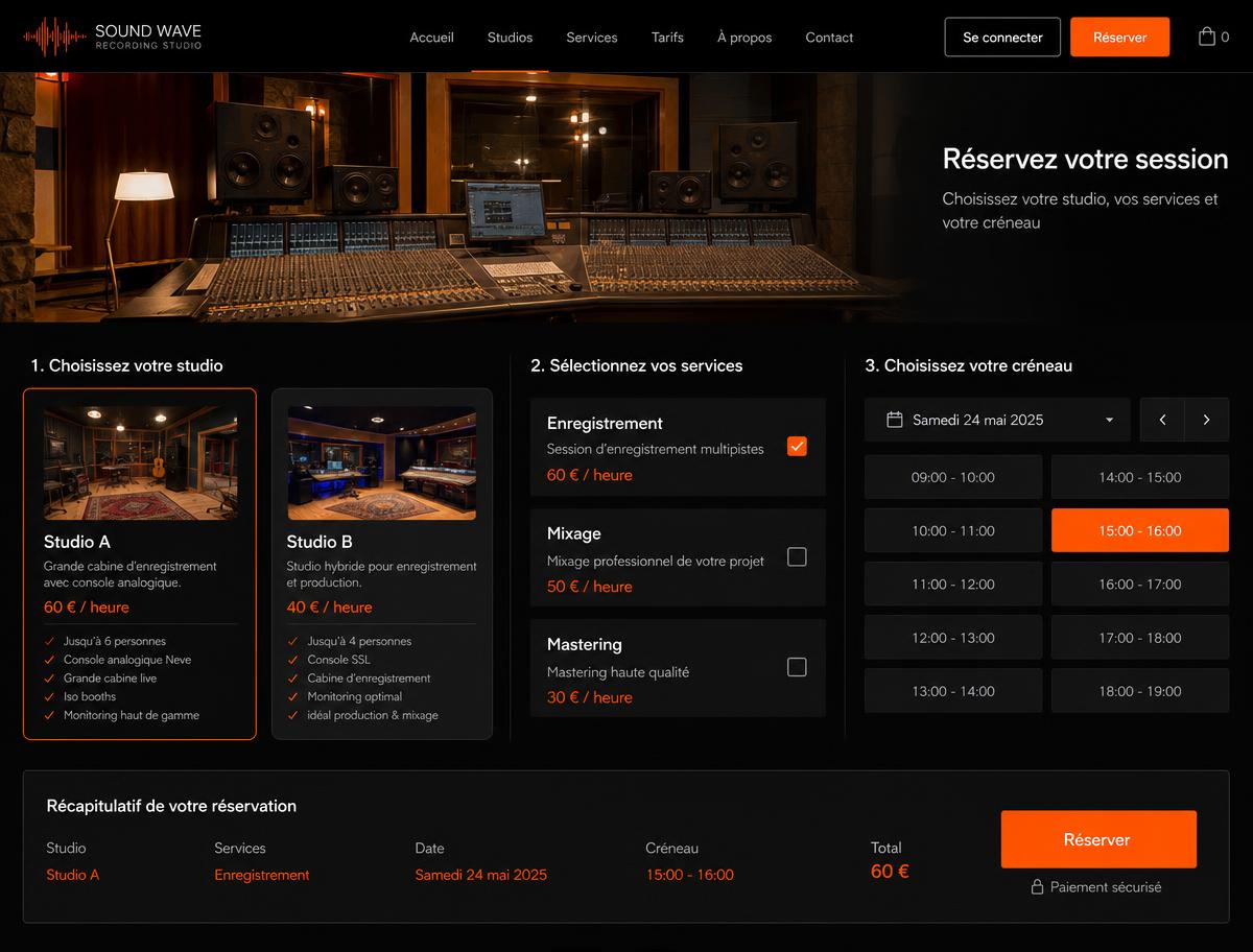 Page publique d'un studio avec salles, services, tarifs et calendrier de réservation